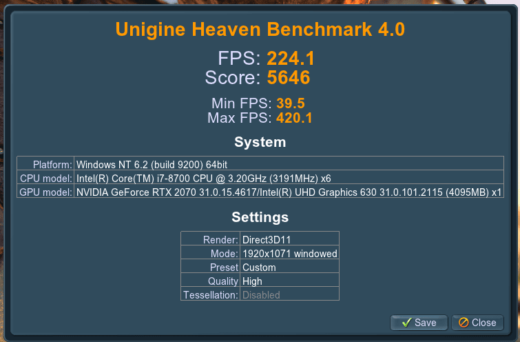 lenovo p330 core i7 8700 rtx 2070 benchmark results from unigine heaven