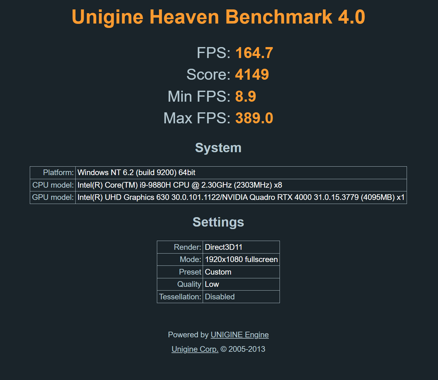 i9 9880h rtx 4000 lenovo p53 unigine heaven benchmark