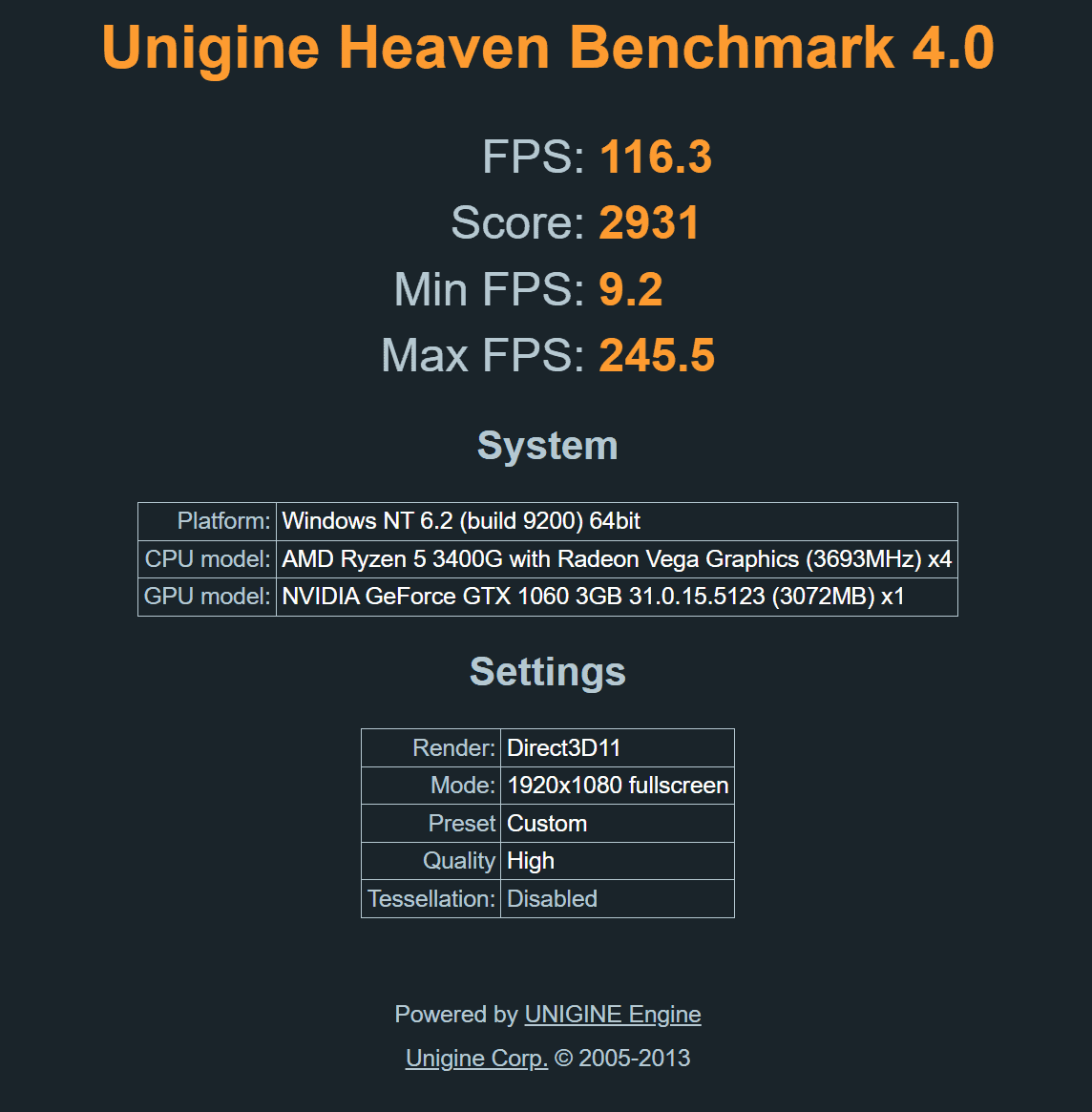 unigine heaven benchmark gtx 1060 3gb ryzen 5 3400g