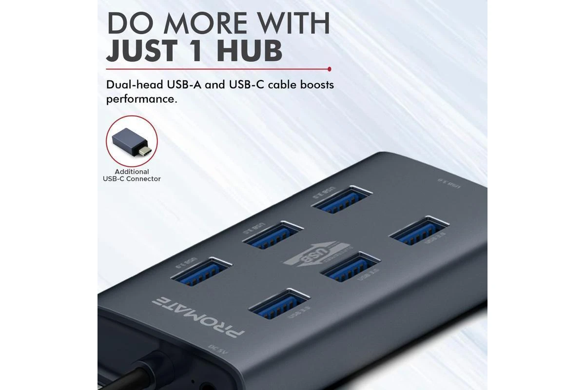 6 e39dba476f 233416264 detailed view of the promate usb hub with 7x usb 3.0 ports. comes with usb-c adapter & supports power input, fully tested and ready for your pc build or upgrade. shipped from hamilton, nz.