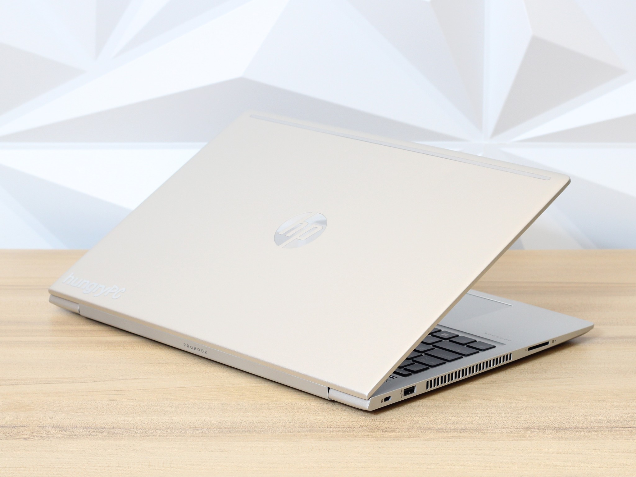 HP ProBook 455 G7 Rear Side side profile view of the refurbished hp probook 455 g7 15.6 inch amd ryzen 3 laptop showing chassis thickness and connectivity ports.