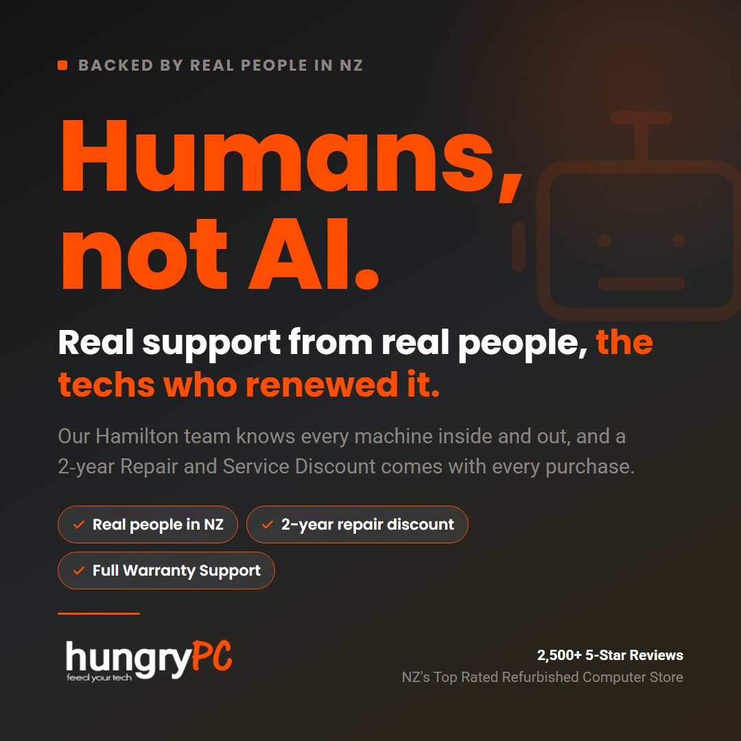 Hungry PC promo card: Real support from real people, the techs who renewed it. The business-grade Refurbished Lenovo Chromebook 11.6″ Celeron N4020 Laptop, open and ready for work or study. Shipped from Hamilton, NZ.