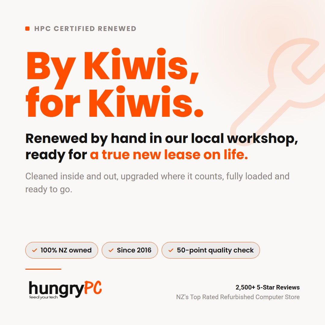 Hungry PC promo card: Renewed by hand in our local workshop, ready for a true new lease on life. The business-grade Refurbished HP EliteBook x360 1030 G3 13.3 inch Core i5 8th Gen Laptop, open and ready for work or study. Shipped from Hamilton, NZ.
