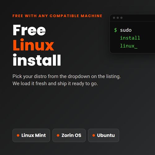 Free Linux install card listing Linux Mint, Zorin OS and Ubuntu on hungryPC laptops and desktops